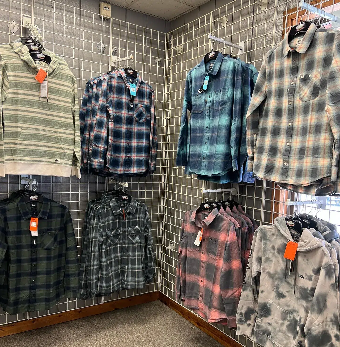Interior of Ski Barn showing flannel shirts for sale
